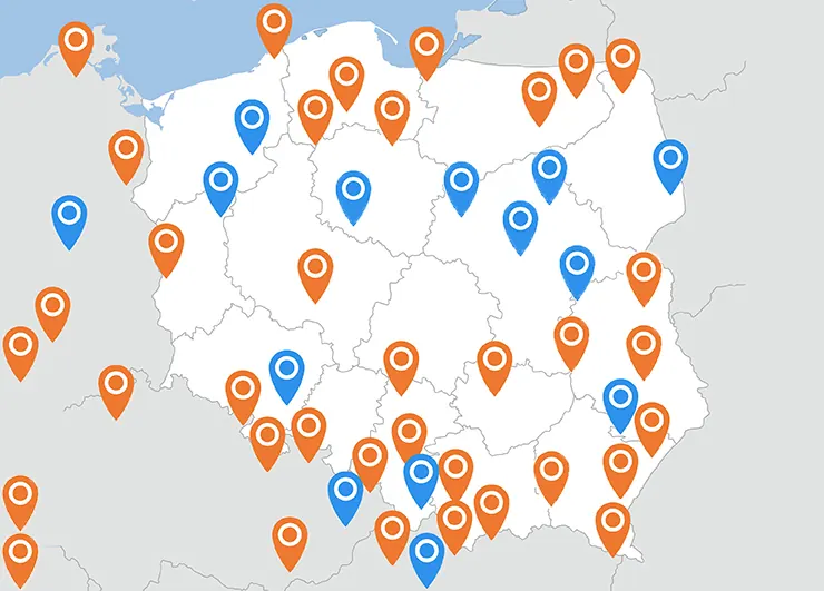 Mapa Polski z pinezkami tras opisanych w książce